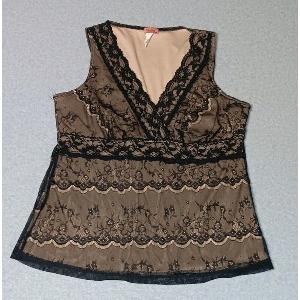 VTG Y2K Talent Babydoll Lace Overlay Cami Tank Top XL Black Beige Whimsigoth 90s